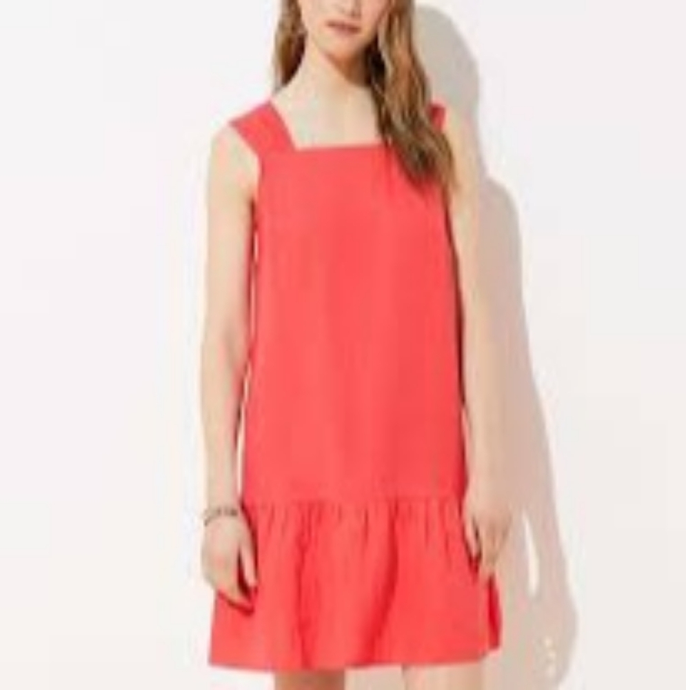 Loft | NWT Square Neck Flounce Dress Linen Blend Pink Small Petite